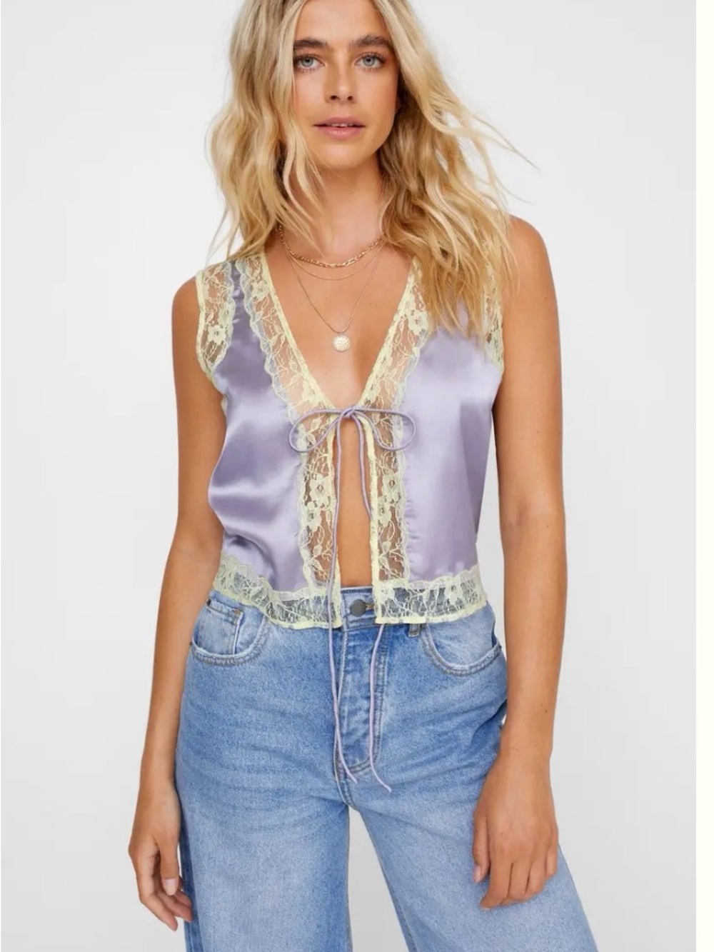 Nasty Gal Lavender Satin Camisole with Pale Yellow Lace Trim